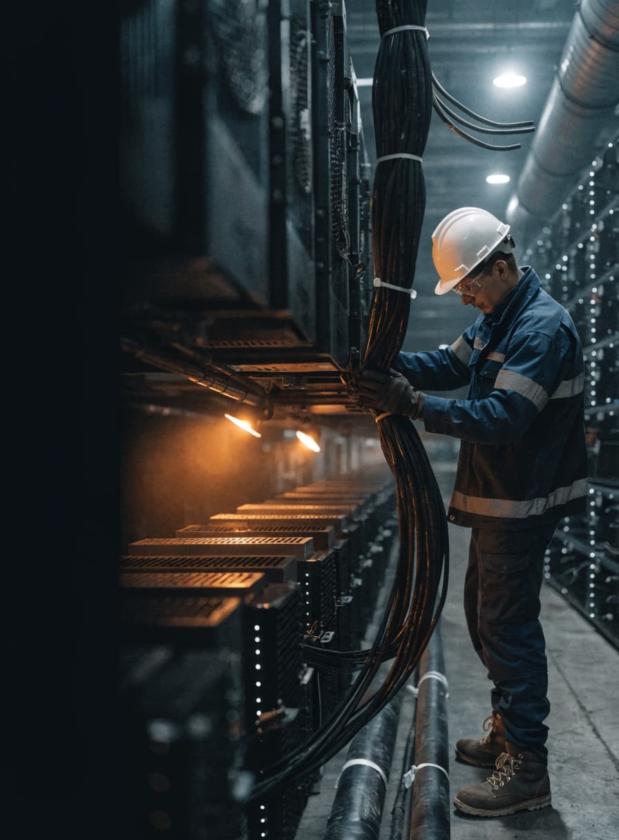Electrical technician in a hard hat working with cabling in a bitcoin mining data center