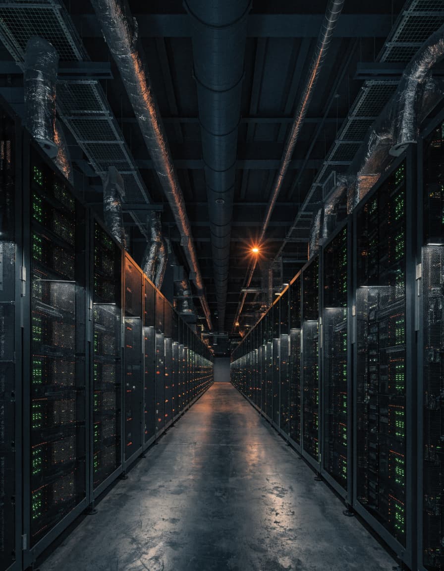 Rows of bitcoin mining equipment and electrical infrastructure in a data center aisle